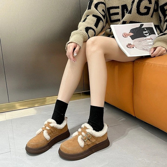 韓國真皮羊羔毛雙釦厚底鞋|冬日暖萌系療癒單品|黑/駝/卡其(A312)