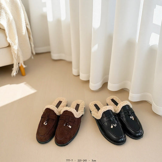 韓國絨毛樂福穆勒鞋|軟綿保暖半拖鞋・甜感又實穿|黑/駝/咖啡(M311)