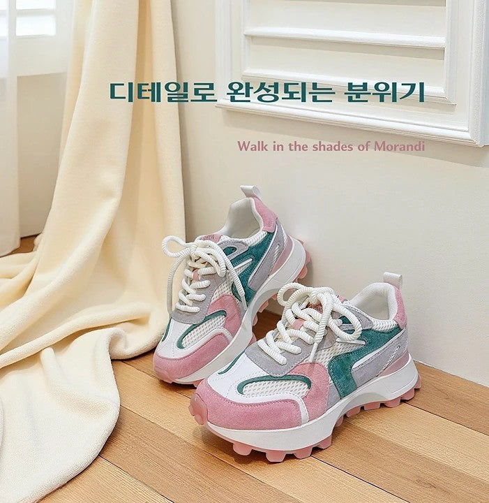 預售限定!韓國莫蘭迪拼色真皮休閒鞋|粉灰綠漸層|4cm 厚底輕盈款(S3762)