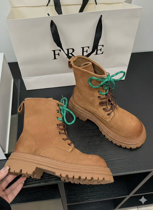 預售限定!韓國磨砂牛皮雙鞋帶軍靴|黑 / 駝|厚底5cm ✨(A139)