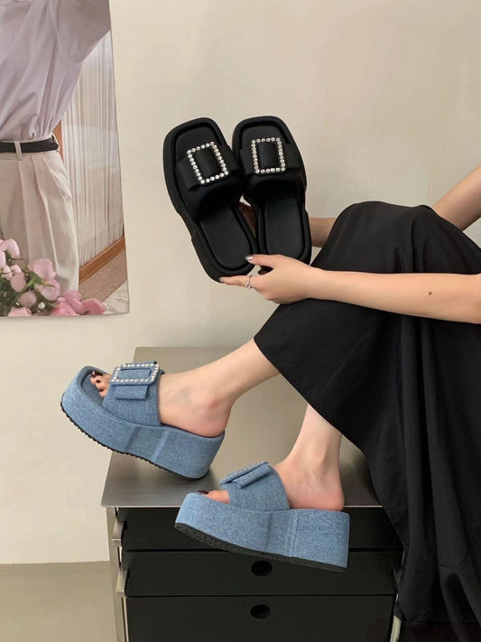 UnMark晶鑽方扣厚底拖鞋 S613|韓系厚底拖鞋推薦|童顏家