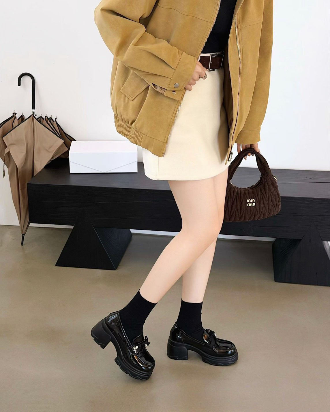 預售限定!F112|韓國甜酷漆皮蝴蝶結厚底樂福鞋