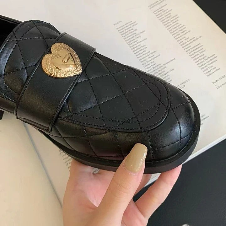 菱格真皮愛心樂福鞋|甜酷粗跟款 黑