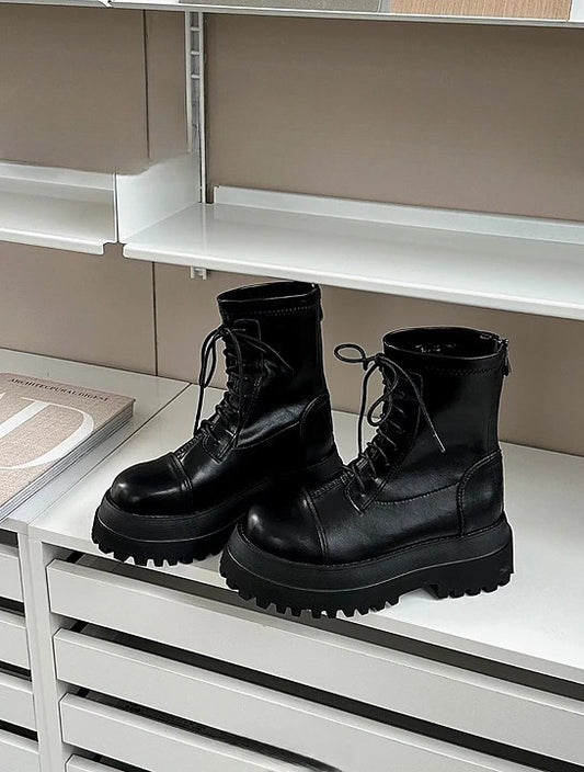 韓國鋸齒厚底綁帶軍靴|真皮霧亮質感・顯瘦增高6.5cm(B908)