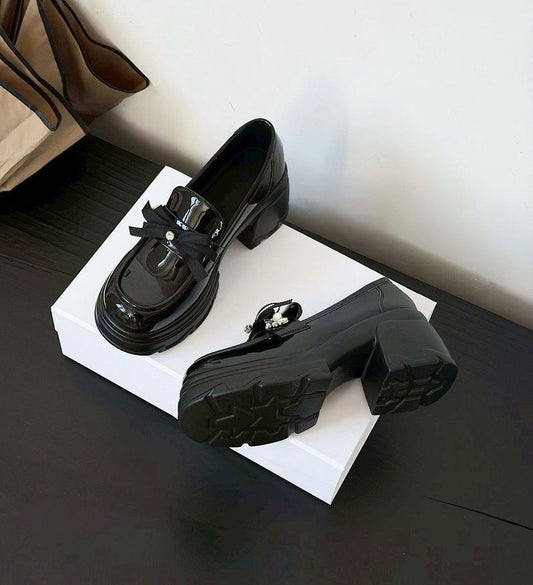 預售限定!F112|韓國甜酷漆皮蝴蝶結厚底樂福鞋