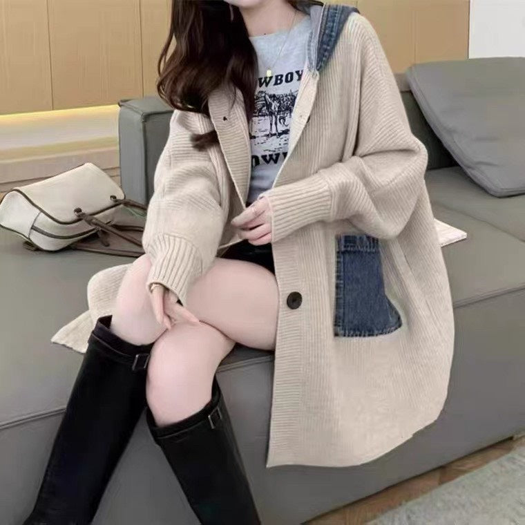 拼接牛仔連帽針織外套|杏/卡/灰