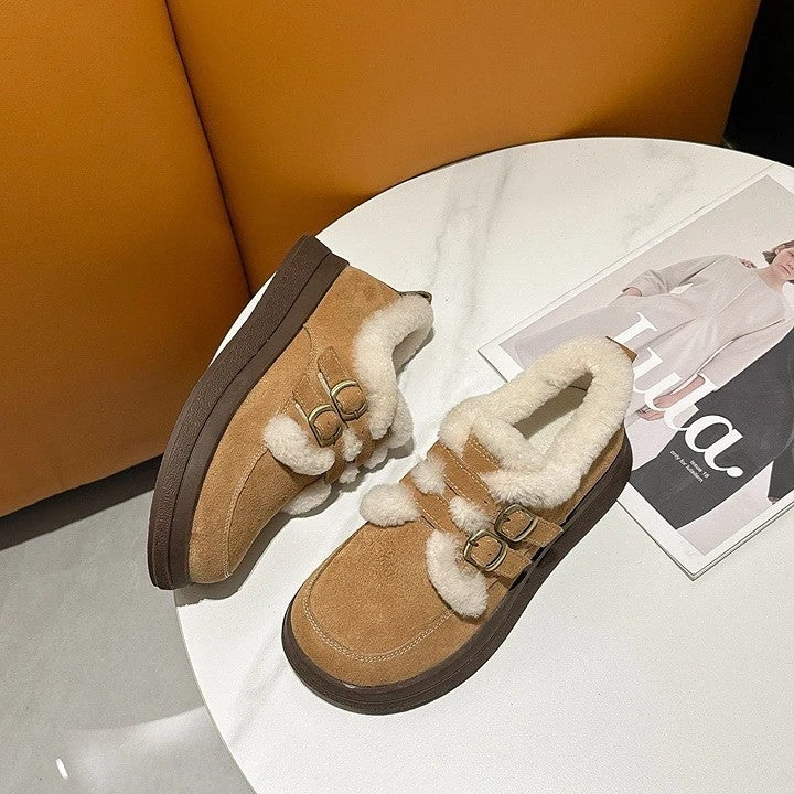 韓國真皮羊羔毛雙釦厚底鞋|冬日暖萌系療癒單品|黑/駝/卡其(A312)