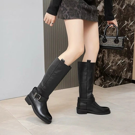 韓國真皮側釦直筒長靴|極簡率性風格・顯瘦不挑腿|黑色(B212)