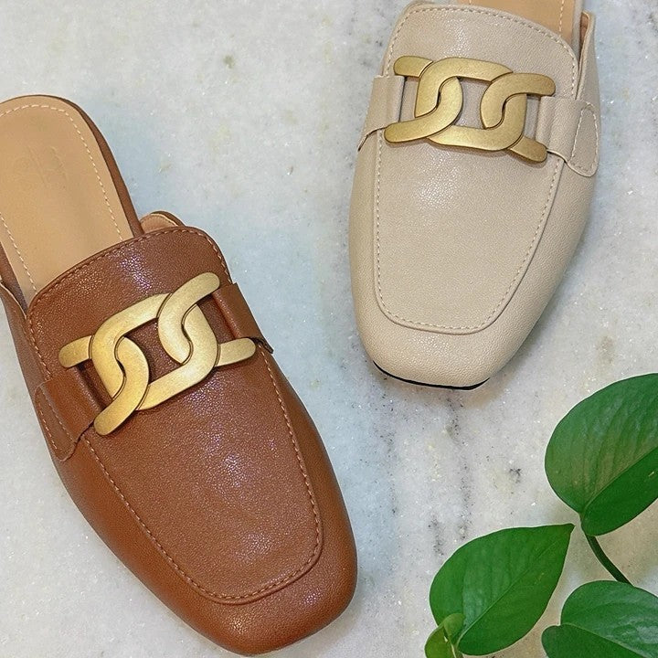 韓國植鞣羊皮金鍊穆勒拖|米杏/焦糖棕