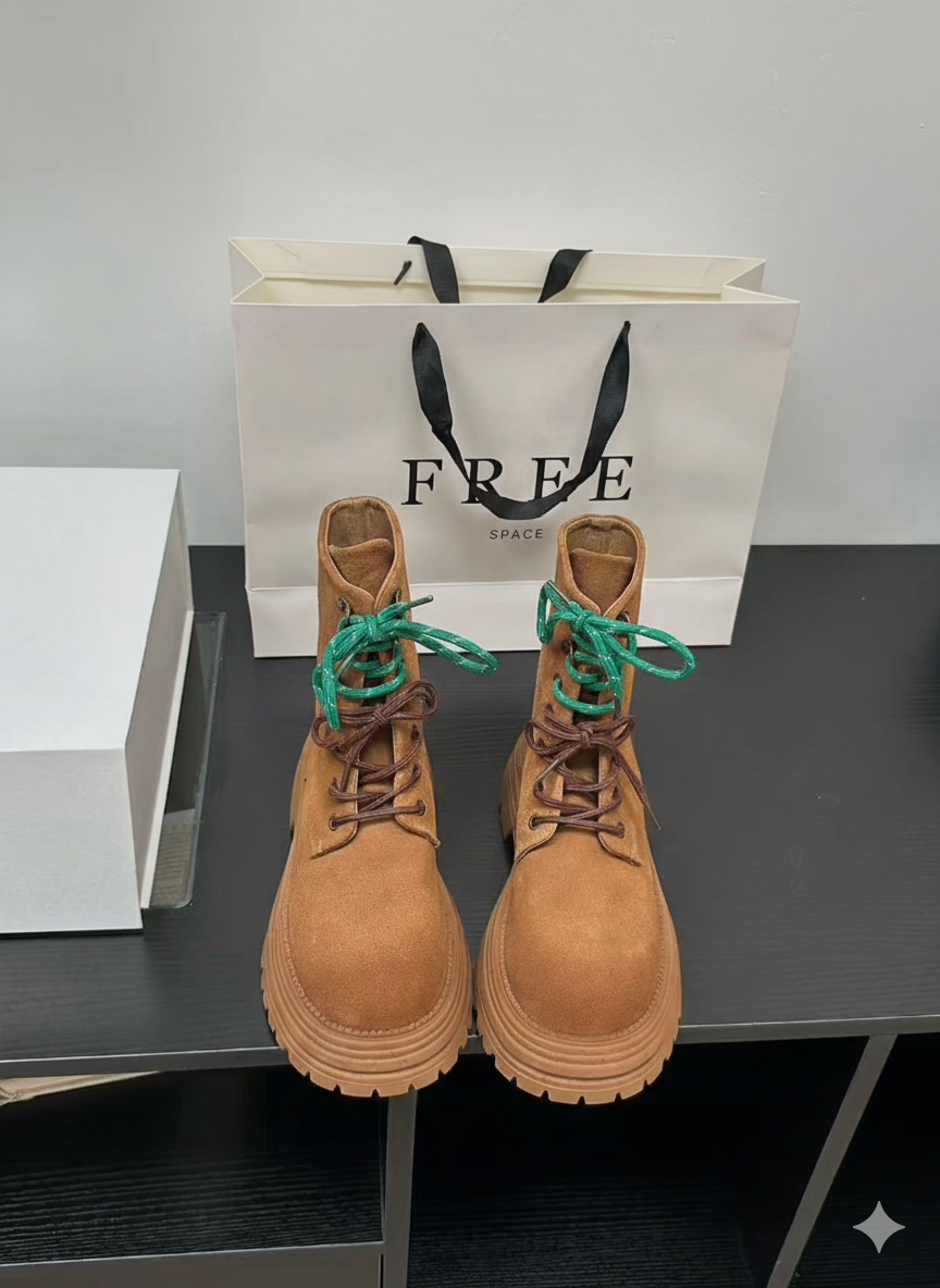預售限定！韓國磨砂牛皮雙鞋帶軍靴｜黑 / 駝｜厚底5cm ✨（A139）