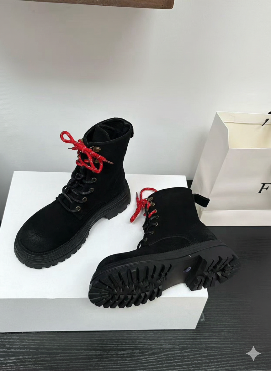預售限定！韓國磨砂牛皮雙鞋帶軍靴｜黑 / 駝｜厚底5cm ✨（A139）