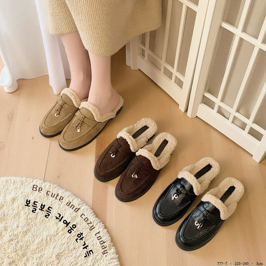 韓國絨毛樂福穆勒鞋｜軟綿保暖半拖鞋・甜感又實穿｜黑/駝/咖啡（M311）