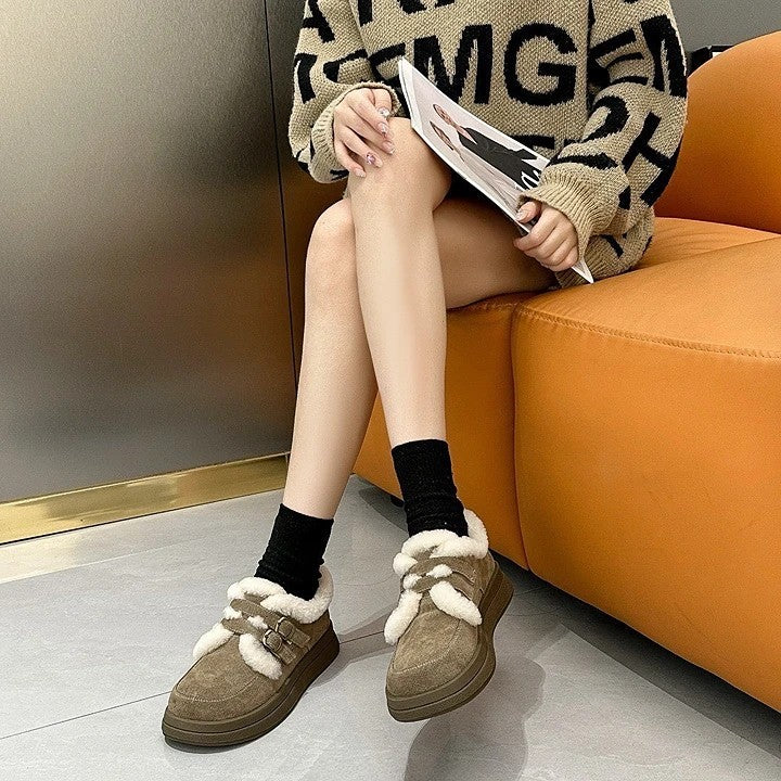 韓國真皮羊羔毛雙釦厚底鞋｜冬日暖萌系療癒單品｜黑/駝/卡其（A312）