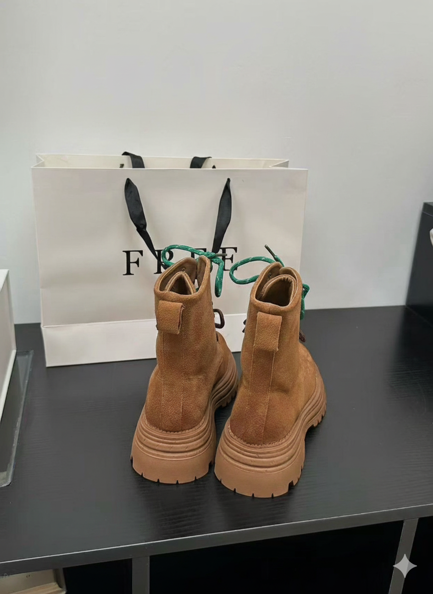 預售限定！韓國磨砂牛皮雙鞋帶軍靴｜黑 / 駝｜厚底5cm ✨（A139）