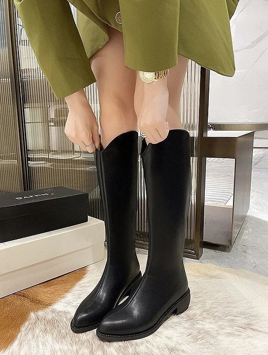 韓國真皮V口俐落西部長靴｜顯腿長必收款 黑/棕