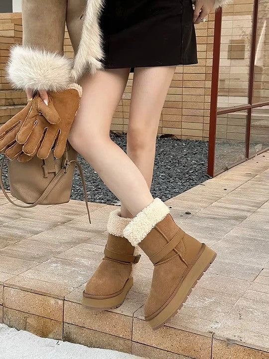 韓國真皮羊羔毛翻折雪靴｜焦糖棕・暖冬質感系（B6625）