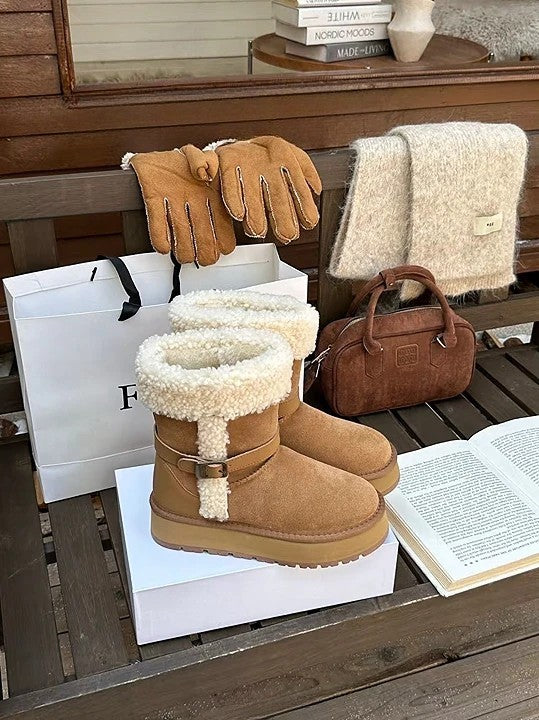 韓國真皮羊羔毛翻折雪靴｜焦糖棕・暖冬質感系（B6625）