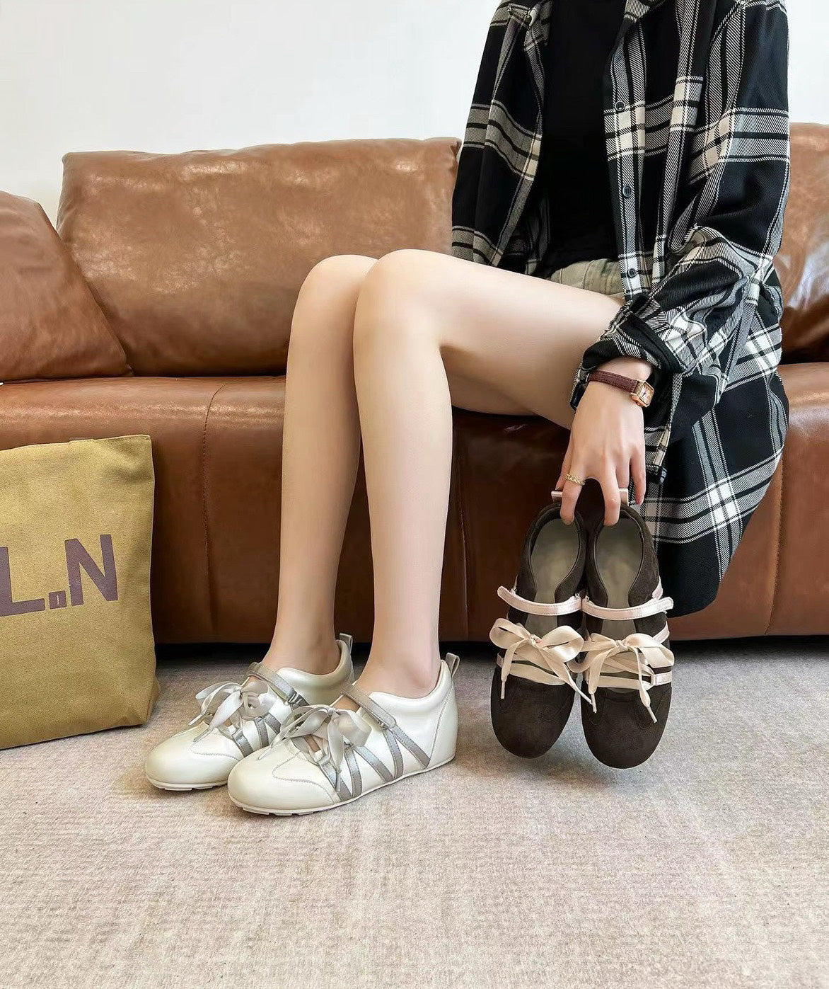 童顏家｜UnMark 芭蕾綁帶休閒鞋 奶茶系內增高4cm（D215）