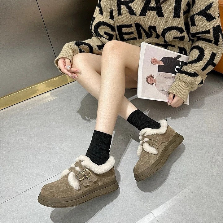 韓國真皮羊羔毛雙釦厚底鞋｜冬日暖萌系療癒單品｜黑/駝/卡其（A312）
