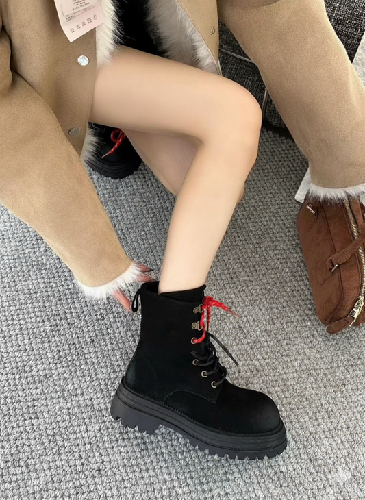 預售限定！韓國磨砂牛皮雙鞋帶軍靴｜黑 / 駝｜厚底5cm ✨（A139）