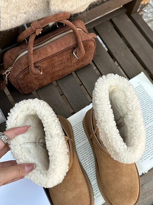 韓國真皮羊羔毛翻折雪靴｜焦糖棕・暖冬質感系（B6625）
