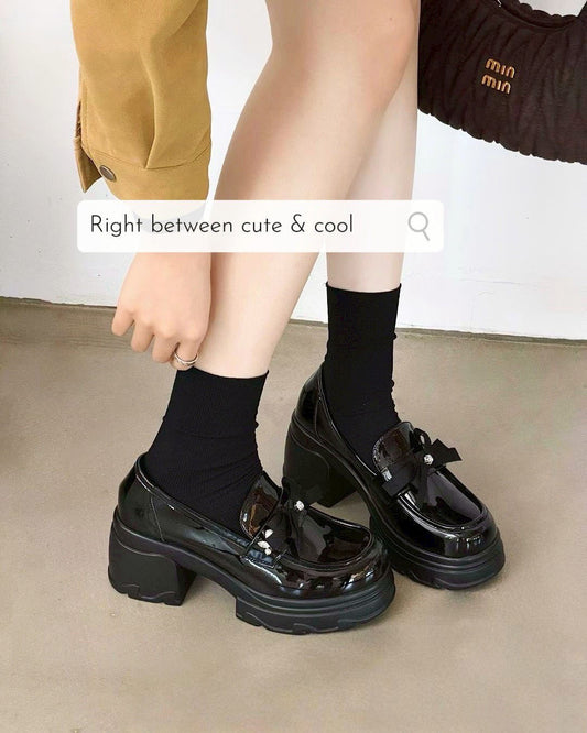 預售限定！F112｜韓國甜酷漆皮蝴蝶結厚底樂福鞋