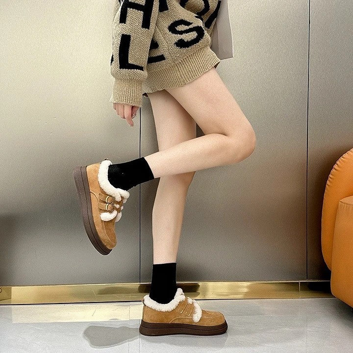 韓國真皮羊羔毛雙釦厚底鞋｜冬日暖萌系療癒單品｜黑/駝/卡其（A312）