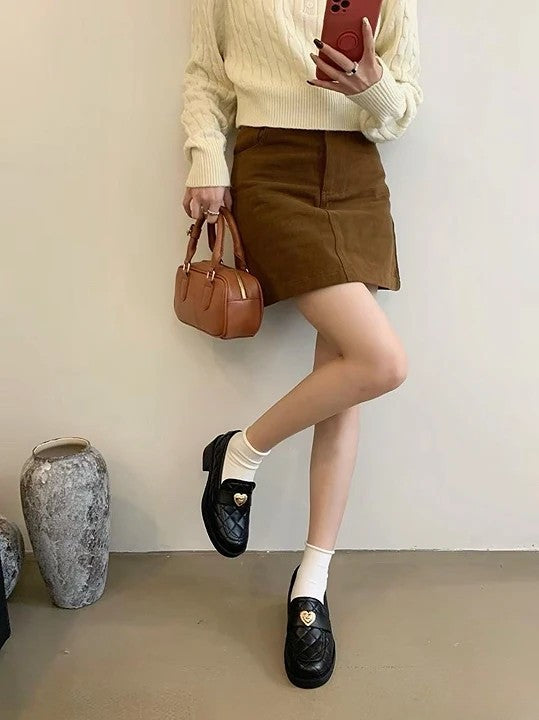 菱格真皮愛心樂福鞋｜甜酷粗跟款 黑