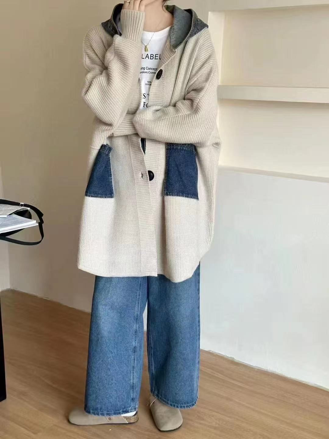 拼接牛仔連帽針織外套｜杏/卡/灰