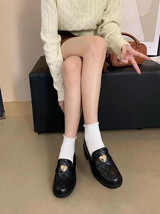 菱格真皮愛心樂福鞋｜甜酷粗跟款 黑