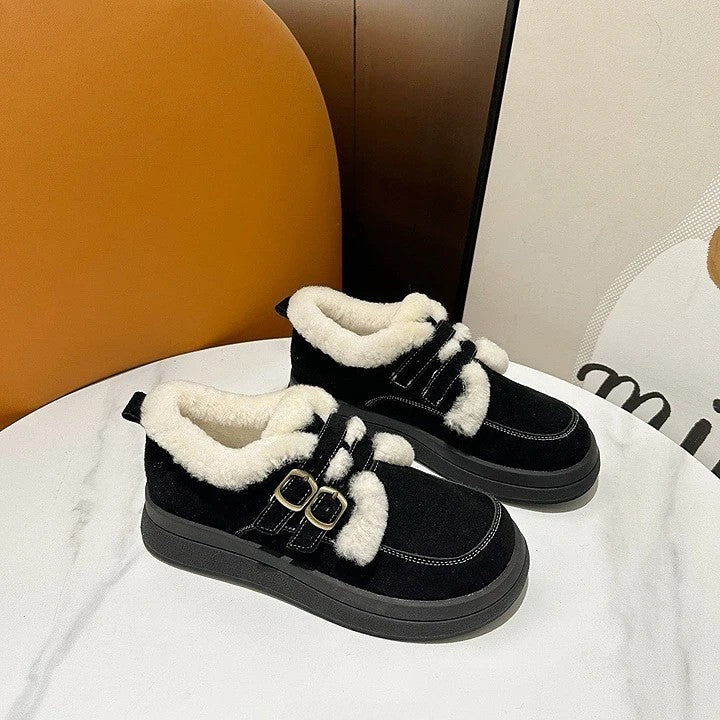 韓國真皮羊羔毛雙釦厚底鞋｜冬日暖萌系療癒單品｜黑/駝/卡其（A312）