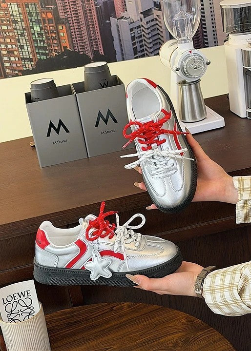 韓國真皮星星拼接厚底德訓鞋｜低調亮感 × 百搭比例感（S912）