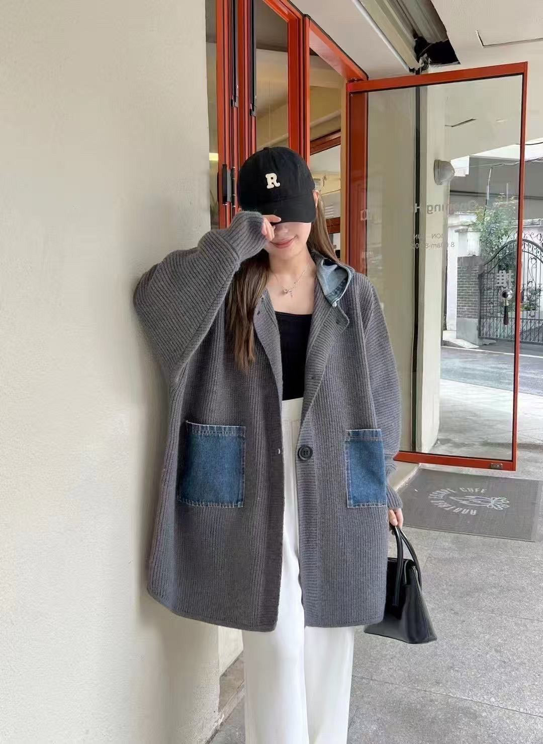 拼接牛仔連帽針織外套｜杏/卡/灰