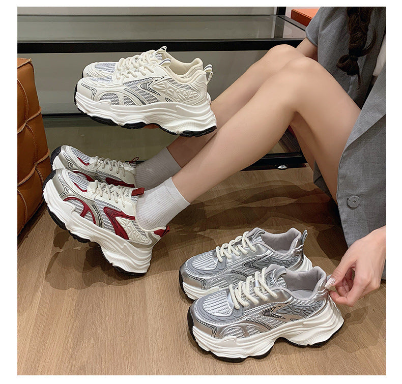 Pre-sale limited! Fashionable dad shoes [Tongyanjia popular sneakers] 5CM thick sole｜White silver burgundy｜No. A8394