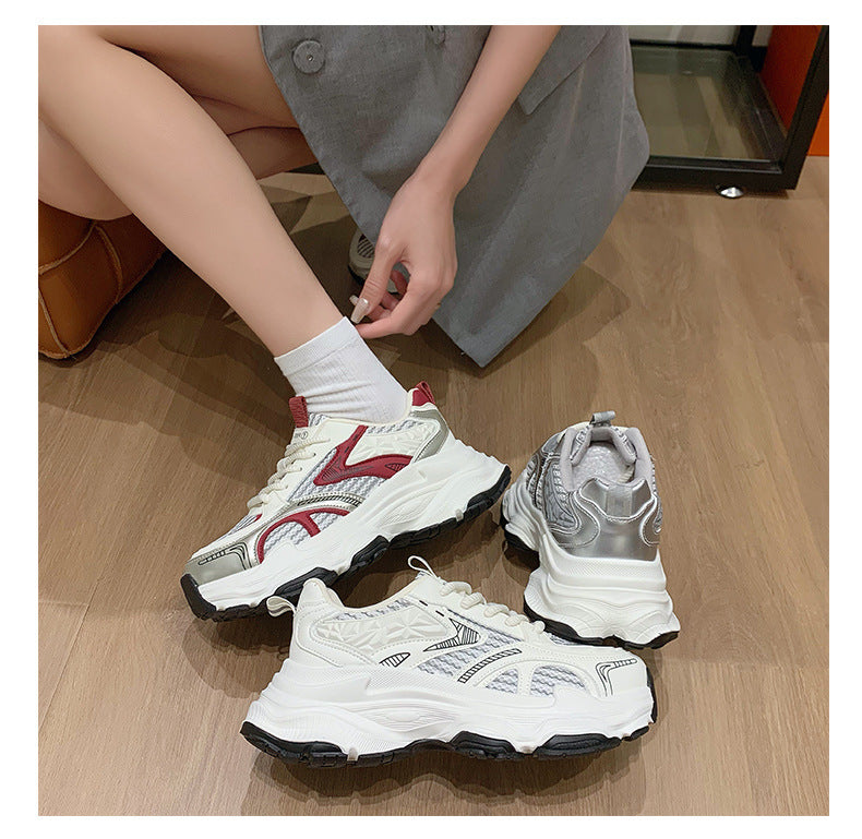 Pre-sale limited! Fashionable dad shoes [Tongyanjia popular sneakers] 5CM thick sole｜White silver burgundy｜No. A8394