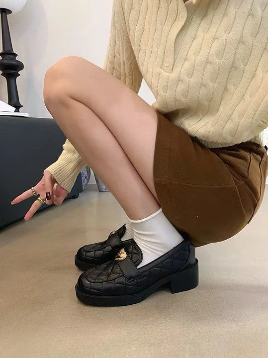 菱格真皮愛心樂福鞋｜甜酷粗跟款 黑