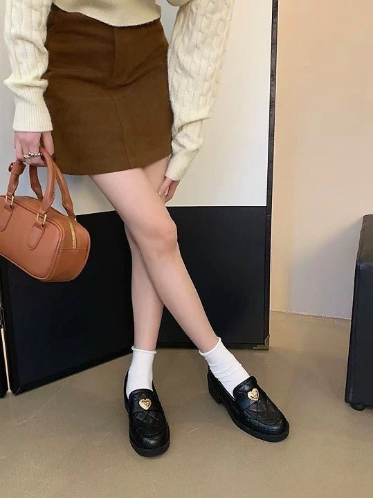 菱格真皮愛心樂福鞋｜甜酷粗跟款 黑