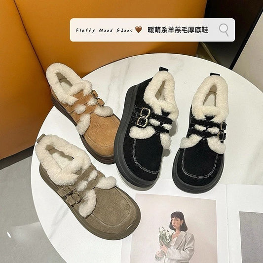 韓國真皮羊羔毛雙釦厚底鞋｜冬日暖萌系療癒單品｜黑/駝/卡其（A312）