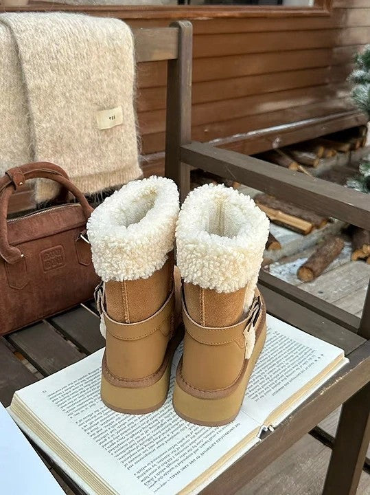 韓國真皮羊羔毛翻折雪靴｜焦糖棕・暖冬質感系（B6625）