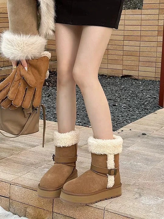 韓國真皮羊羔毛翻折雪靴｜焦糖棕・暖冬質感系（B6625）