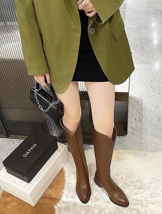 韓國真皮V口俐落西部長靴｜顯腿長必收款 黑/棕