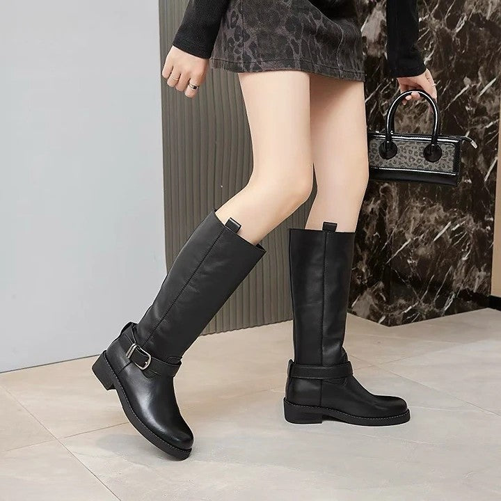 韓國真皮側釦直筒長靴｜極簡率性風格・顯瘦不挑腿｜黑色（B212）