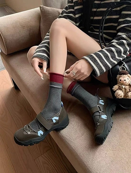 機能風魔鬼氈厚底休閒鞋｜棕/米｜3.5cm 增高