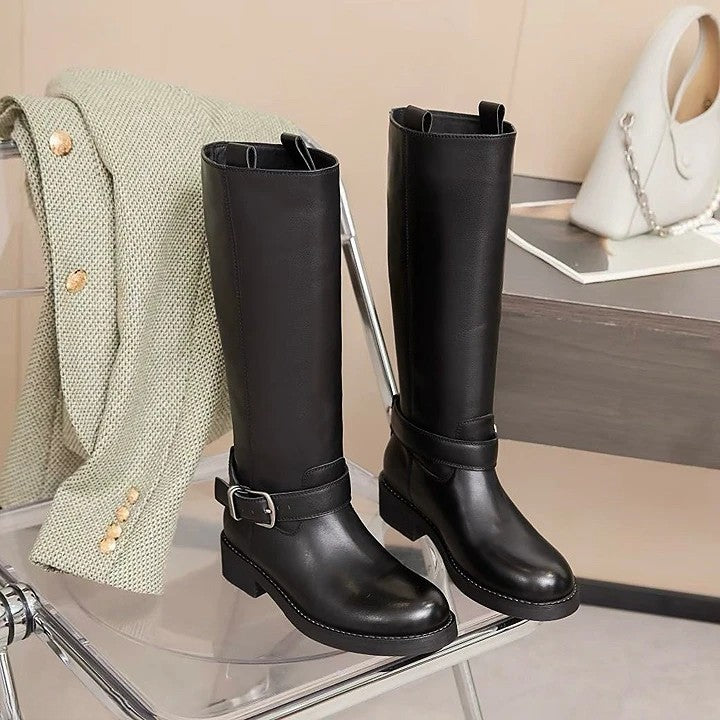 韓國真皮側釦直筒長靴｜極簡率性風格・顯瘦不挑腿｜黑色（B212）