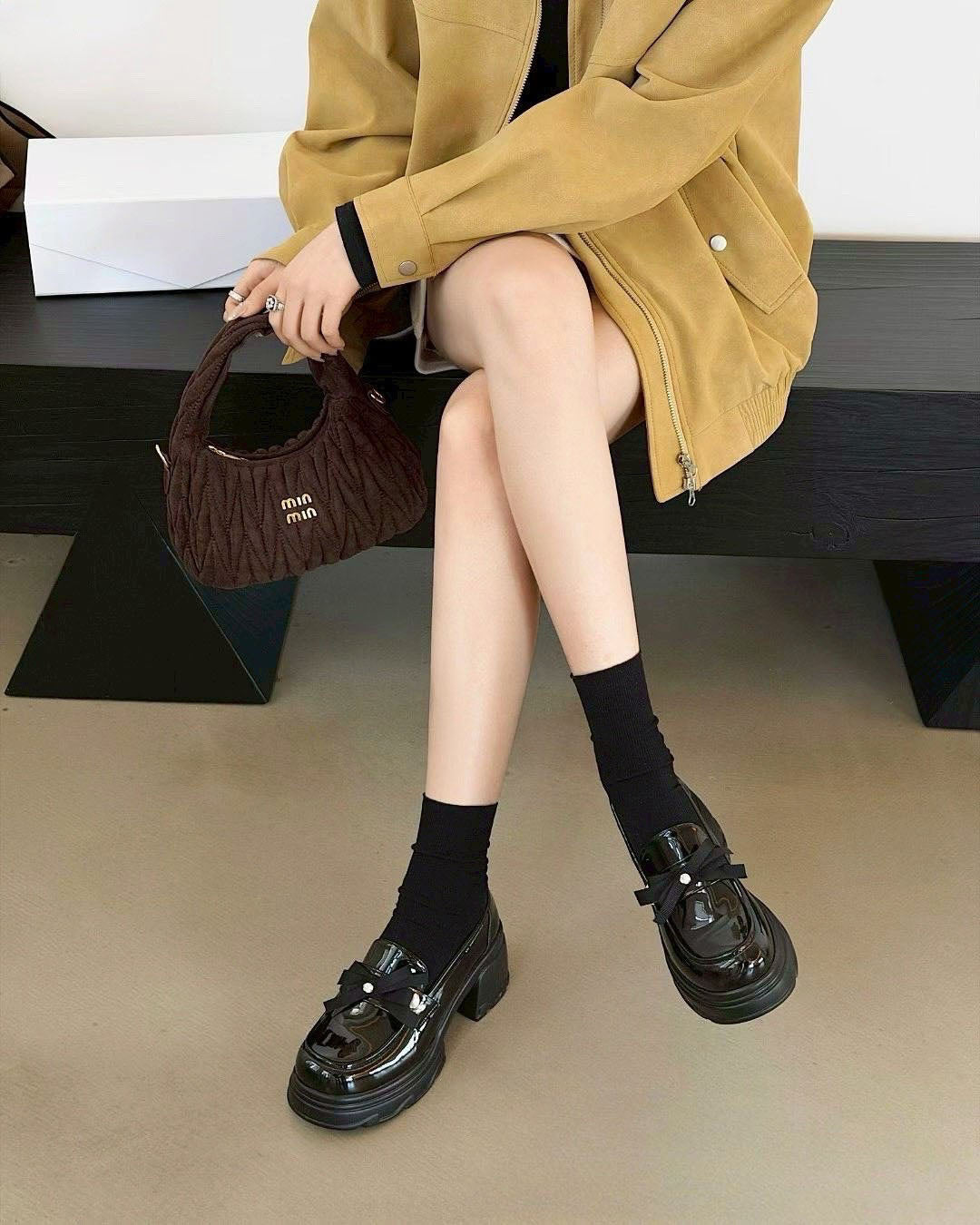 預售限定！F112｜韓國甜酷漆皮蝴蝶結厚底樂福鞋