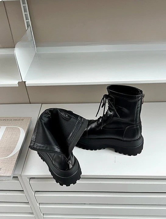 韓國鋸齒厚底綁帶軍靴｜真皮霧亮質感・顯瘦增高6.5cm（B908）