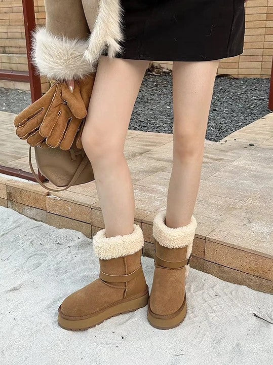 韓國真皮羊羔毛翻折雪靴｜焦糖棕・暖冬質感系（B6625）
