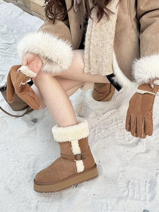 韓國真皮羊羔毛翻折雪靴｜焦糖棕・暖冬質感系（B6625）