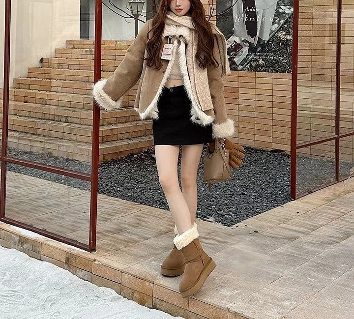 韓國真皮羊羔毛翻折雪靴｜焦糖棕・暖冬質感系（B6625）