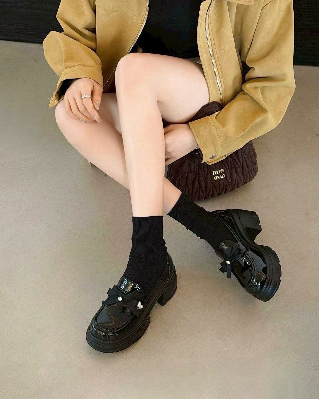 預售限定！F112｜韓國甜酷漆皮蝴蝶結厚底樂福鞋